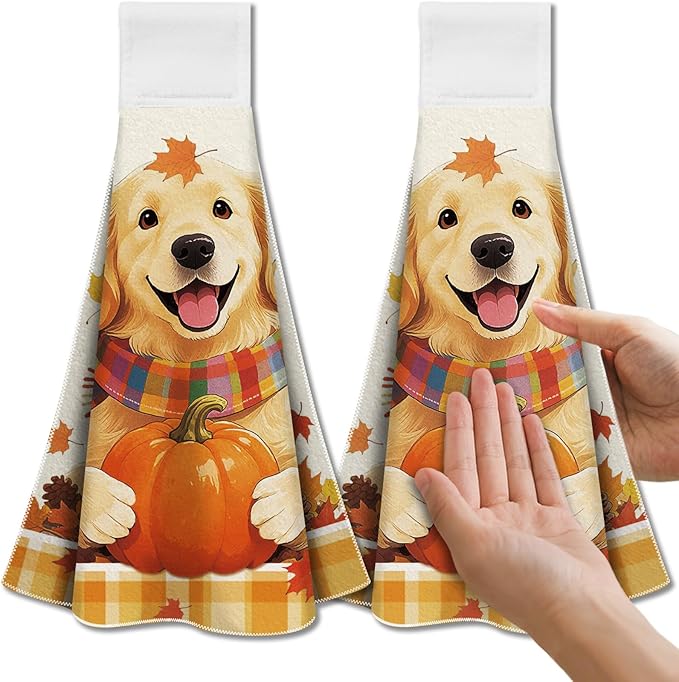 CUTHOLLOW Dog and Autumn Pumpkin Hanging Kitchen Towels with Loop, Set of 2 - Soft & Super Absorbent Microfiber Decorative Hanging Dish & Hand Towel, Tea, Coffee Towel for Kitchen Bathroom Oven Handle