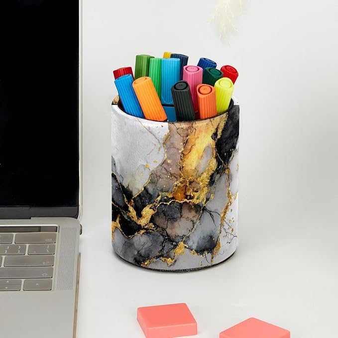 Faux Leather Pen Holder for Desk, Pencil Organizer Marble Texture Pen Cup Desk Decor Makeup Brush Holder Storage for Office Home