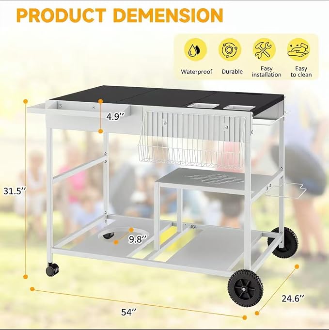 JY QAQA 54" Rolling Kitchen Prep Cart with Storage Basket & Shelves, Portable Kitchen Island Table with Wheels, Multi-Tier Metal Kitchen Workstation with Black Countertop for Food Prep & Organization