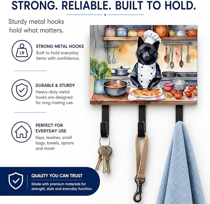 Caroline's Treasures Schipperke The Chef Leash or Key Holder Wall Hooks, Key Hooks Holder, Coat Rack Wall Mount, Coat Hooks, Hooks for Hanging Keys, Towels, Aprons, Leashes | Schipperke The Chef artwork on ceramic tile with three steel hooks for keys, ...
