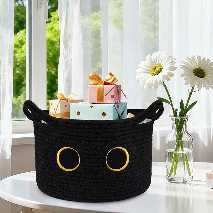 Cute Cat Toy Basket, Large Cotton Rope Toy Bin Box for Cats Bin | Oval Baby 0rganize Blanket Shower Hamper with Handles, Decorative Storage Cat Bin, Halloween Decor,13"D x 8"H IN