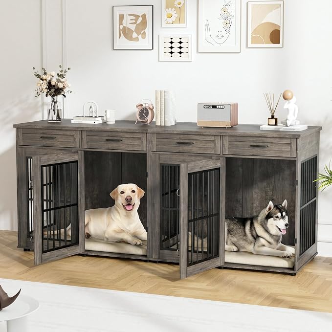 VOWNER 87" Dog Crate Furniture for 2 Dogs, Double Dog Cage Furniture, Grey | Extra Large Wooden Dog Kennel with 4 Drawer, Removable Divider, Furniture-Style TV Stand, XXL Dog Crate for Large Medium Dogs