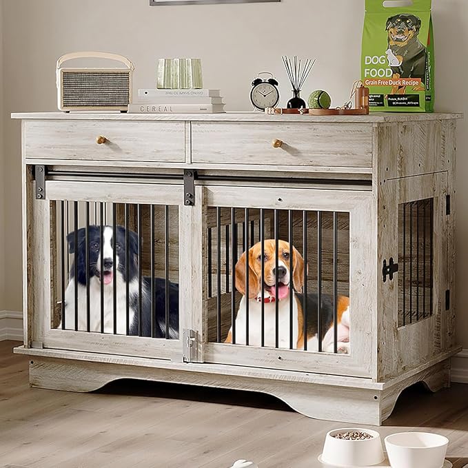 Double Dog Crate Furniture with 2 Drawers, 47" TV Stand Style Kennel with Removable Divider for 2 Large/Medium/Small Dogs, Decorative Side Table Indoor Pet Cage Grey | Removable Divider, Dog Crate for 2 Large/Medium/Small Dogs, Decorative Side Table In...