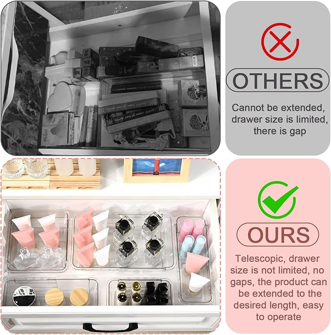 15 Pcs Expandable Drawer Organizer, All Adjustable Storage Box, Clear | 2-Size Vanity Drawer Organizer, Acrylic Storage Bins for Makeup, Cosmetic, Bedroom Dressers Tool Organizer for Gadgets