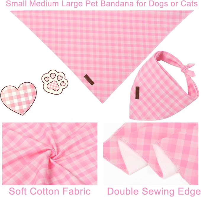 Pink Checkered Dog Bandana, Spring Summer Pink Plaid Puppy Bandana for Girl Female Dogs, Soft Cotton Pet Triangle Bid Scarf Kerchief for Girl Boy Dogs or Cats