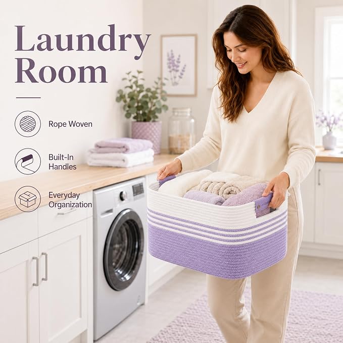 15.4GAL Woven Laundry Basket for Kids, Cute Boho Square storage basket for Living Room Decor, Baby Girls Boys Toys Stuffed Animal Decorative Short Hamper for Dirty Clothes, Bath Towel White Purple