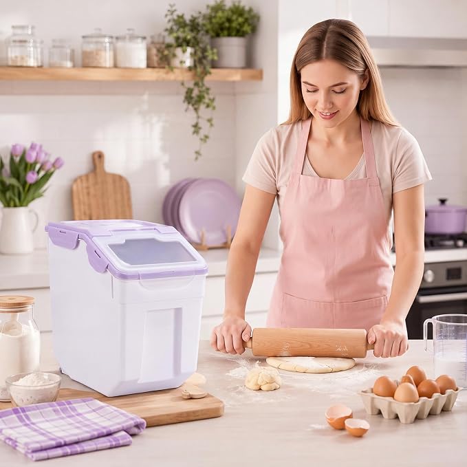 Sunnyray 4 Pcs 55 Lbs Flour Storage Container Bin,Rice Storage Containers with Wheels Seal Locking Lid, BPA Free with Measuring Cup Scoop for Rice Grain Pet Food Flour (Purple)