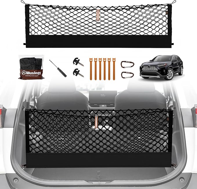 Muslogy Cargo Net for Toyota RAV4 2019-2024 2025 Accessories | Custom Fit, Trunk Storage Organizer Net for SUV Sedan Van Divider, with Heavy Duty Carabiners, Night Visible Grab Handle