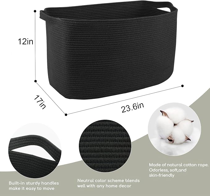 Extra Large Basket for Blankets, 23.6" x 17" x 12" Black Blanket Storage for Living Room, Big Cotton Rope Pillow Holder, Rectangle Kid Dog Toy Bin Box, Woven Laundry Basket, Shoe Bin Entryway
