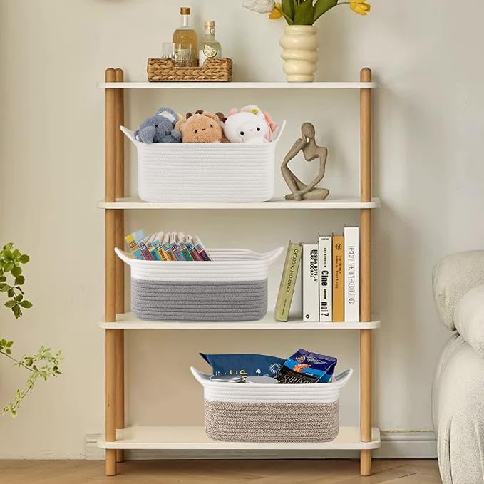 OIAHOMY 19L Woven Basket, Gift Basket Empty with Gift Bags and Ribbons, Rope Baskets for Baby Showers, Storage Baskets with Handles for Nursery, Pet Toy Organizer - Grey & White