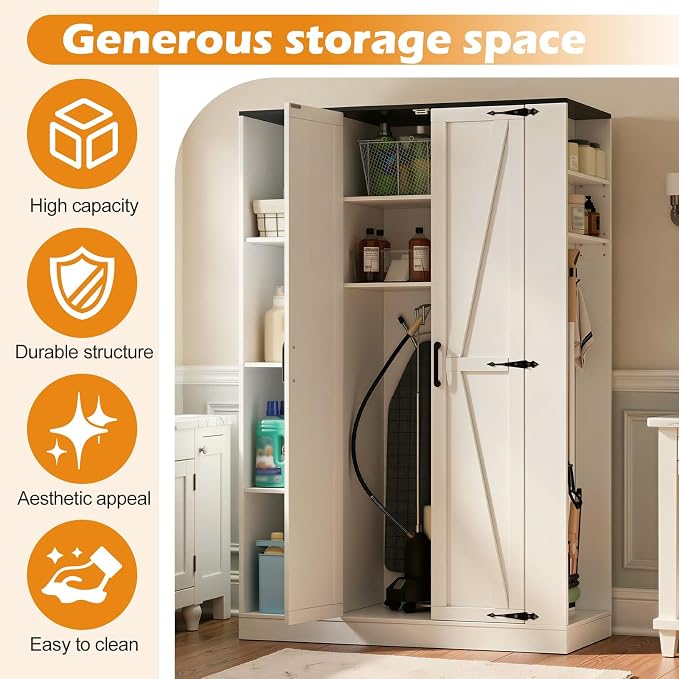 Broom Closet Storage Cabinet, 63" H Wooden Vacuum Storage Cabinet, Utility Closet with 2 Doors, Cleaning Tool Organizer with 6 Shelfs and 5 Pack Broom Holder, 63" H×35.4" W×15.7" D,White