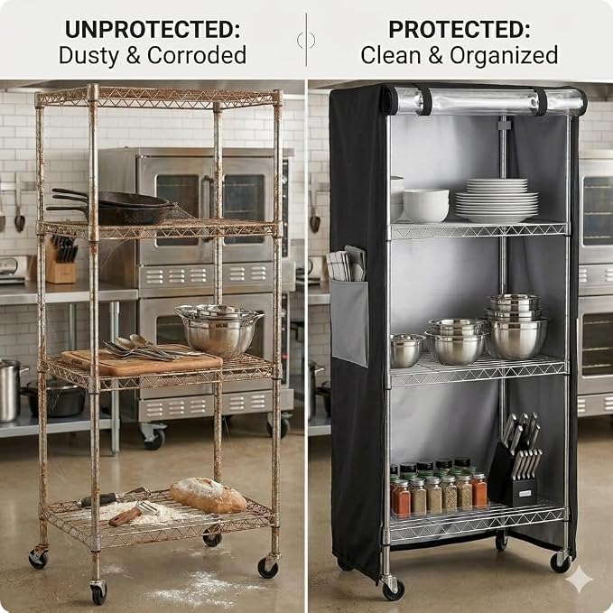 48x18x72 Shelf Cover, Waterproof 600D Oxford Rack Cover for Garage Shelving | Rack Cover with Clear PVC Window, Side Zippers, Buckles & Pocket for 48x18x72 Garage Storage