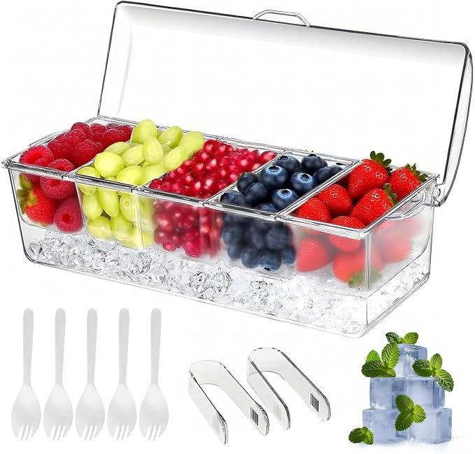 Large Ice Chilled Condiment Caddy，Chilled Condiment Containers Server with Lids for 5 Removable Compartments ，Serving Platters, Fruit & Garnish Tray for Party Supplies & Bar Accessories