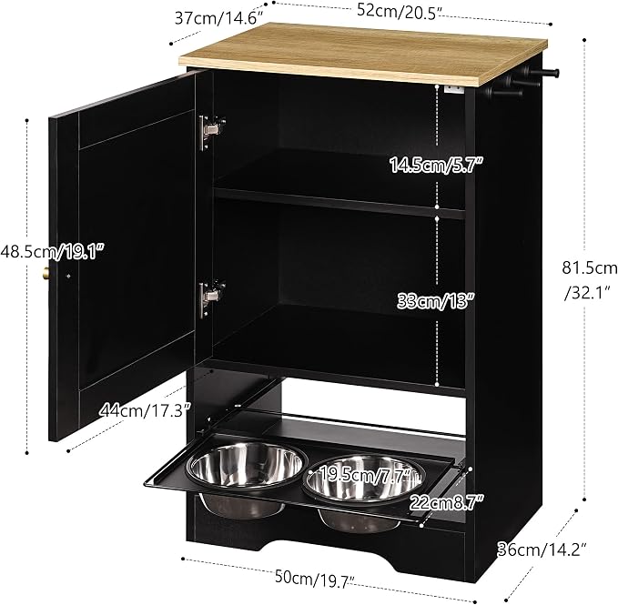Dog Food Storage Cabinet with Feeding Station, 2 Elevated Stainless Steel Bowls & Side Hooks, Hidden Pet Feeder Organizer with Anti-Tip Design, Black Vintage
