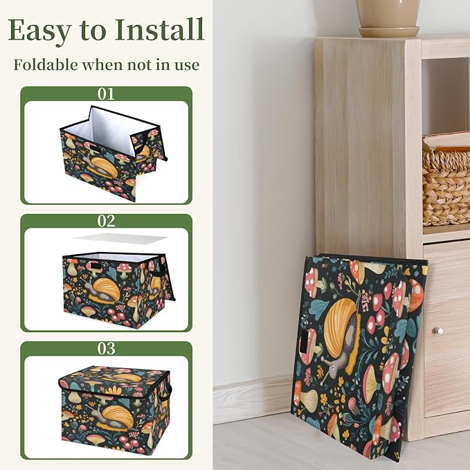 Snail Storage Bins with Lids, Boho Mushroom Foldable Storage Boxes with Carrying Handle Organizer Containers Baskets Cube for Home Bedroom Closet