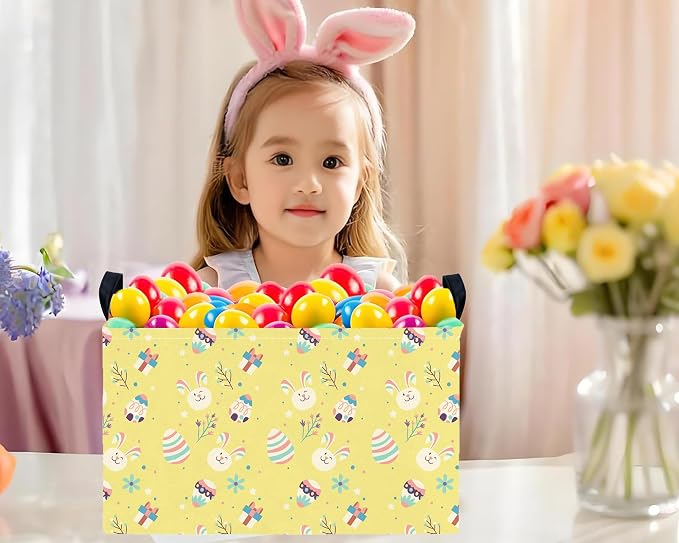 Large Rectangular Easter Baskets Empty Waterproof Boy Toy Box Foldable Kid's Gifts Storage Bin Spring Room Decor(Gift Box Rabbit Egg)