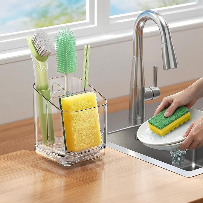MOPMS Kitchen Sponge Holder with Drip Tray, Sink Caddy Organizer | Clear PET Kitchen Storage Rack Holds Brushes with Removable Divider, Durable Countertop Holder Space-Saving