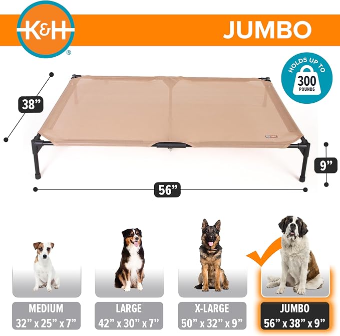 K&H Outdoor Elevated Dog Bed, Cooling Raised Dog Bed, Jumbo 56x38in, Tan | Pet Cot for Extra Large & Giant Pets, Breathable Mesh 360 Hammock Design, Indoor/Outdoor Washable Cover, Portable Metal Frame