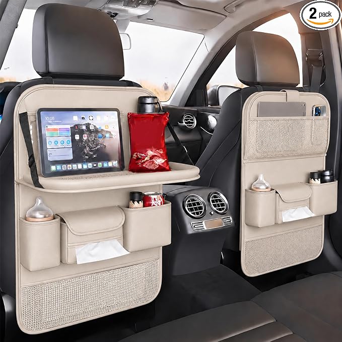 2 Pack Universal Foldable Car Backseat Organizer with Table Tray, Car Seat Back Protector with Touch Screen Phone Holder, Premium Leather Kick Mats with Storage Pockets Tissue Holder (Beige)