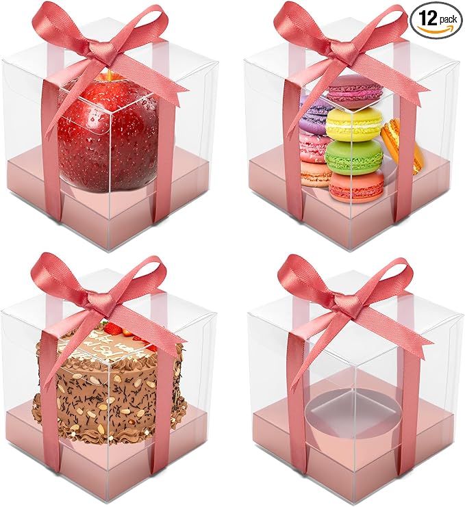 12 PCS Clear Cupcake Boxes 3.5 Inch Cupcake Containers (Rose gold) | Disposable Cupcake Carrier Plastic Individual Cupcake Storage Holder with Ribbons and Inserts for Wedding, Birthday Party