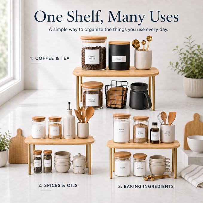 Ibyx Shelves Organizer Set of 2 - Kitchen Cabinet Organizers and Pantry Storage - Bamboo Top & Brass-Effect Metal Legs - Stackable Shelves for Kitchen Counter & Cabinets with 22 lb Capacity - Natural