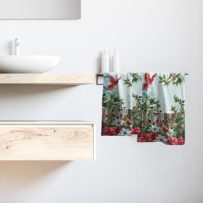 Giwawa Red Bird Towel- Xmas Holly Berries Watercolor Poinsettia Hand Face Towels- Winter Trees Red White Floral Soft Microfiber Dish Towel for Bathroom Guest Gym Seasonal New Year Decor