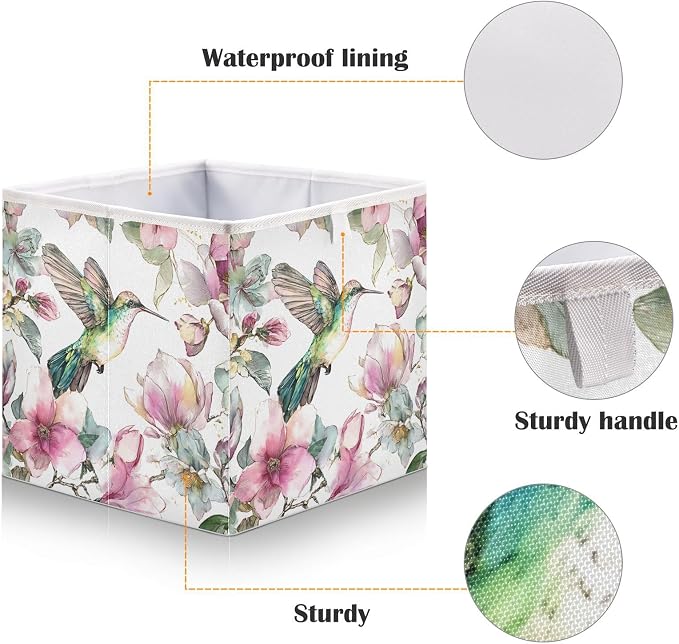 Hummingbird Cube Storage Bins Watercolor Floral Collapsible | Fabric Storage Baskets Large Clothes Organizer Box for Bedroom Living Room Study Room 11×11×11 In