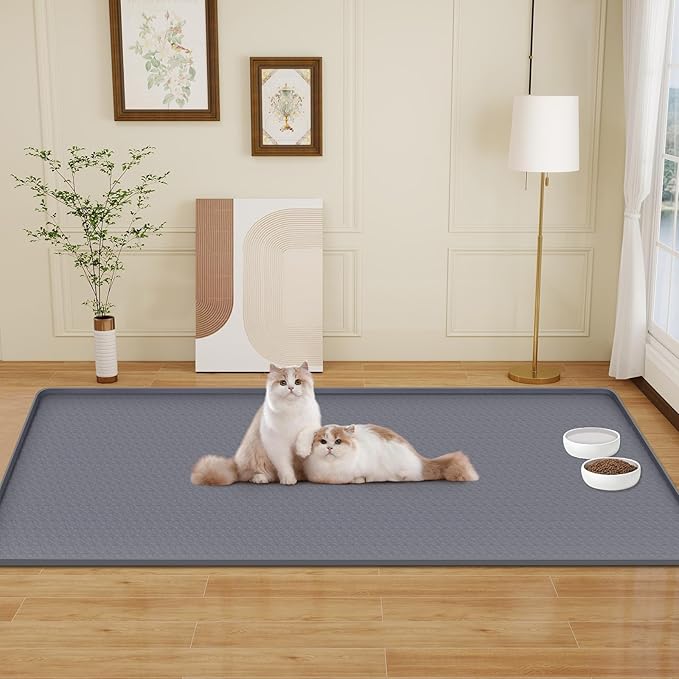 Cat Food Mat, 51" x 25.6" Pet Feeding Mat Extra Large Silicone Cat Litter Mat with Raised Edge Pet Placemat for Food and Water Bowl Non-Slip, Easy to Clean, Floor Protection (Dark Grey)
