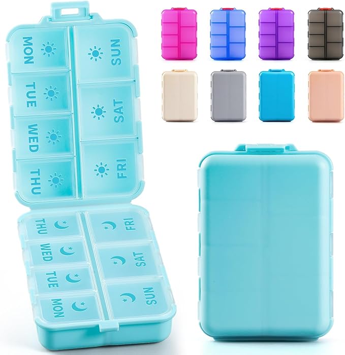 NEW Foldable & Double Protection Portable Weekly Pill Organizer 2 Times A Day with Etched Labels, AM PM 7 Day Week Medicine Box, Daily Travel Pill Case Dispenser for Vitamin, Supplement - Sky Blue