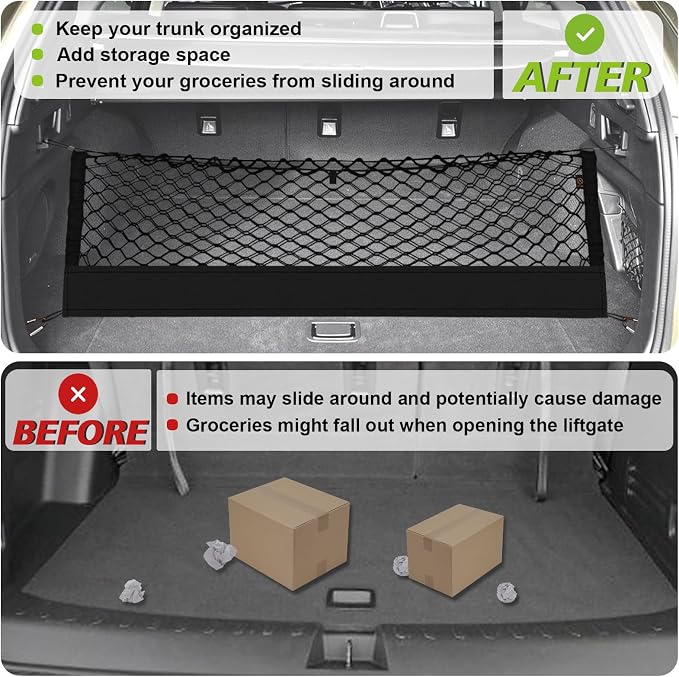 Muslogy Cargo Net for 2015-2025 2026 Outback Accessories | Custom Fit, Trunk Storage Organizer Net for SUV Sedan Van Divider, with Heavy Duty Carabiners, Night Visible Grab Handle