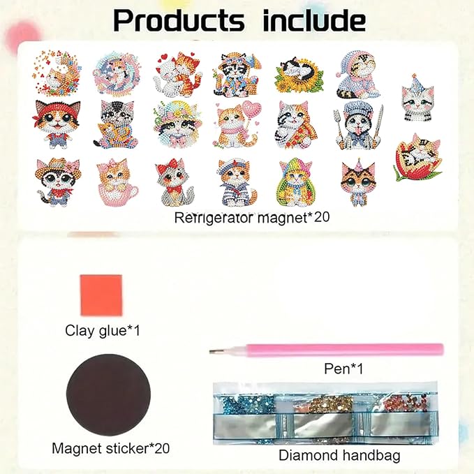 20pcs Cat 2D/Flat Acrylic DIY Diamond Painting Magnets Food DIY Art Fridge | Fridge Magnets 20 Pieces Diamond Painting Kit 2D Acrylic PET Magnetic Food Series DIY Art Home Car Decor Beginners Gift