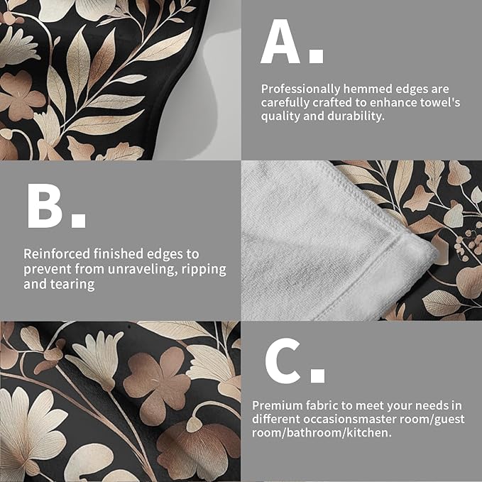 Giwawa Vintage Floral Hand Towels Set of 2 Black Botanical Decorative Absorbent Bath Towels Soft Kitchen Dish Towels for Holiday Guest Gym Hotel