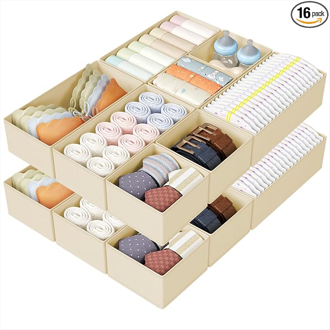 DIMJ Drawer Organizers Clothes, Set of 16 Dresser Organizer Bins, Fabric Closet Organizers and Storage, Shallow Drawer Dividers for Nursery, Clothing, Baby Clothes, Socks, Underwears, Tie (Beige)