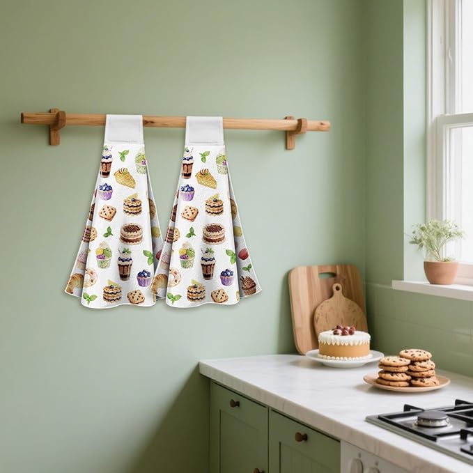 CUTHOLLOW Baking Desserts Cakes Hanging Kitchen Towels with Loop, Set of 2 - Soft & Super Absorbent Microfiber Decorative Hanging Dish & Hand Towel, Tea, Coffee Towel for Kitchen Bathroom Oven Handle