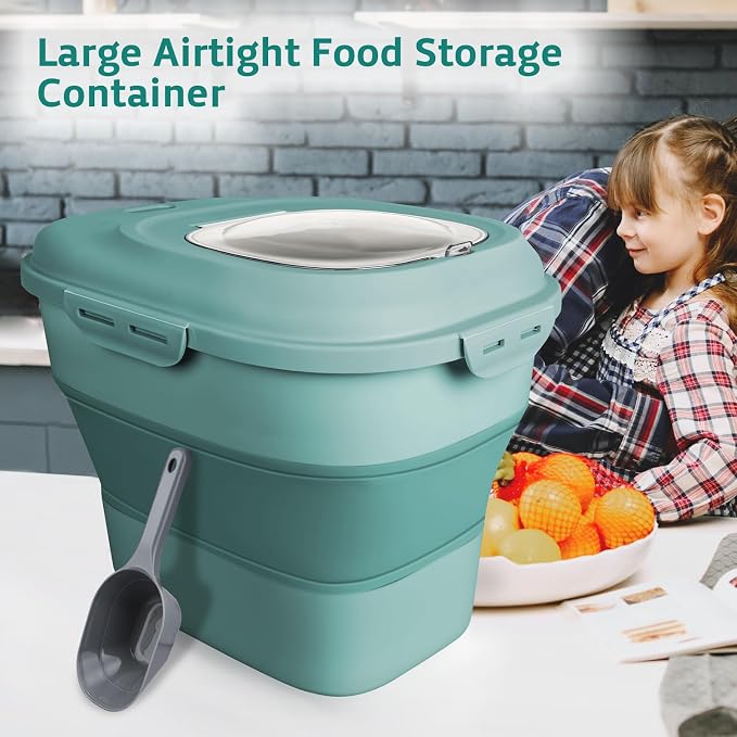 Komzon Rice Storage Bin Cereal Containers, 13-50lb Collapsible Rice Container Dispenser with Transparent Lid, Rolling Wheels, Measuring Cup and Scoop, Airtight Dog Cat Pet Food Storage Container Green