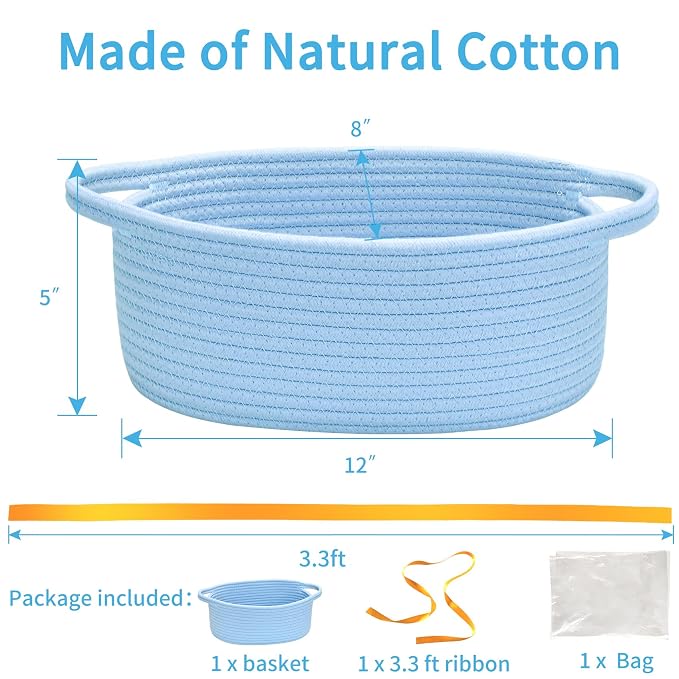ABenkle Small Basket Empty Gift Basket, Decorative Boho Rope Woven Nursery Storage Organizer Dog Toy Baskets for Baby Showers Christmas Easter with Gift Bags and Ribbons, 12"X 8" X 5"