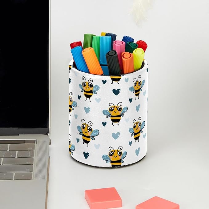 Faux Leather Pen Holder for Desk, Pencil Organizer Cute Bees Pen Cup Desk Decor Makeup Brush Holder Storage for Office Home