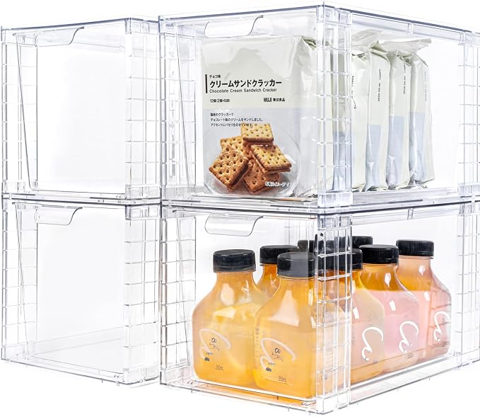 4Pack Large Stackable Kitchen Storage Drawers Holder, Clear Foods Organizer Bins with Handles, Easily Assemble for Bathroom, Kitchen, Pantry, Cabinet, Closet