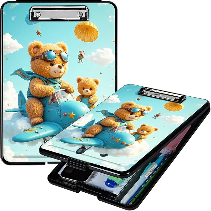 Heavy Duty Storage Clipboard, Slim Nursing Clipboard with Internal Pen Case, Portable File Organizer Case for A4 Letter Size Paper Office Medical Professionals, Airplane Bear