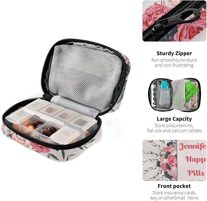 Custom Pill Box 7 Day Pill Case Bag Blossom Flower Personalized Name Travel Pill Organizer Bag with Zipper Portable Weekly Case Compact Size for Vitamin Supplement Holder