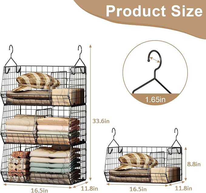 Jautokerdar 3 Tier Closet Hanging Shelves with Divider, Extra Large Closet Organizers and Storage, Clothes Hanging Organizer Clothing Sweaters Handbags Clutches Accessories