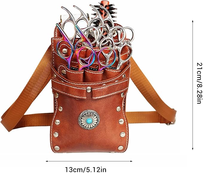Hairstylist Waist Bag, 7-Slot PU Leather Barber Scissors Tool Bag Shear Holder, Detachable Hair Cutting Organizer for Combs, Clippers, and Spray Bottles (Coffee)