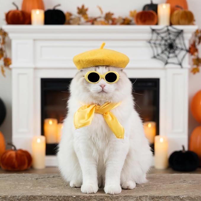 Dog Beret Set Including Dog Beret Satin Scarf Funny Glasses Pet French Artist Beanie for Small Dogs Cats Halloween Christmas Cosplay Party (Yellow)