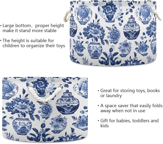 Blue White Floral Collapsible Round Storage Basket with Handles | Chinoiserie Vase Flower Large Laundry Baskets Hamper, Organizer Bin for Nursery Bedroom Living Room Decor, 20x 20x 14 Inches