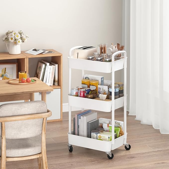 Sywhitta 3-Tier Plastic Rolling Utility Cart with Wheels for Storage,White | Multi-Functional Storage Trolley, for Office, Living Room, Kitchen, Bathroom,Movable Organizer,Space-Saving,Easy to assemble