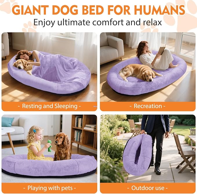 Human Dog Bed,71"x45"x14" Human Size Giant Dog Bed for Adults and Pets,Washable Faux Fur Cover Napping Orthopedic Bean Bag Bed for Humans with Blanket and Pillow,Purple