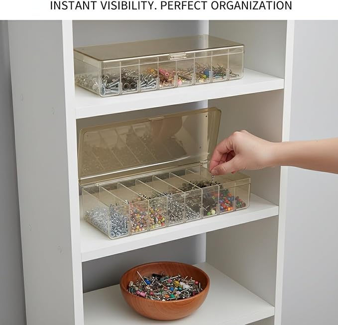 Clear Storage Box with 8 Adjustable Dividers, Compact PET Organizer for Desk Drawers, Hardware, and Craft Supplies