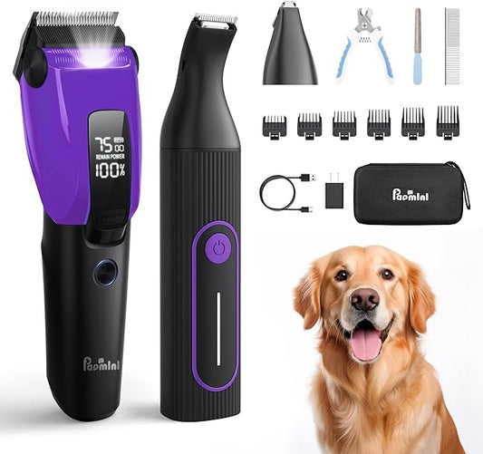 PAPMINI Dog & Cat Grooming Kit for Thick Coats, Heavy Duty Rechargeable Trimmer with LED Display & Storage Bag (Purple, 2 in 1)