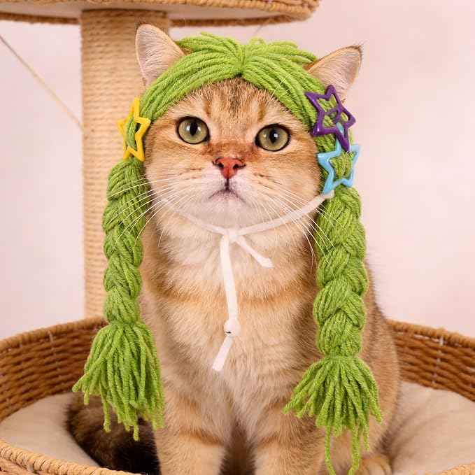 BETOOKY Reusable Green Yarn Cat Wig with Braided Pigtails, Lightweight and Nonirritating Pet Costume Wig Featuring Clip-on Fastener for Photoshoot and Holiday Celebrations