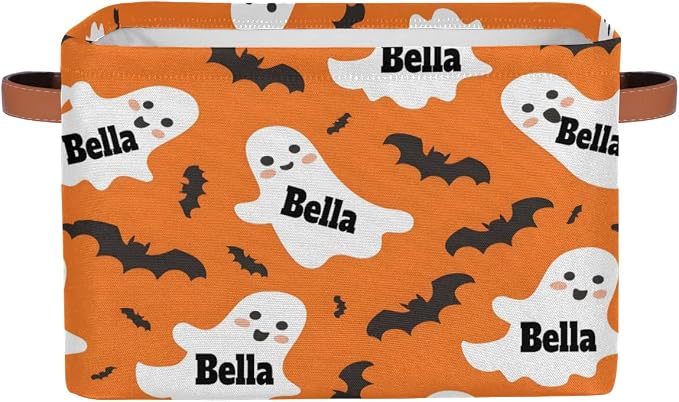 Personalized Storage Basket with Name, Halloween Ghost with Bat Orange Background Rectangle Toys Pet Dog Storage Bin with Handles for Baby, Boys, Girls, Collapsible Basket for Clothes, Books